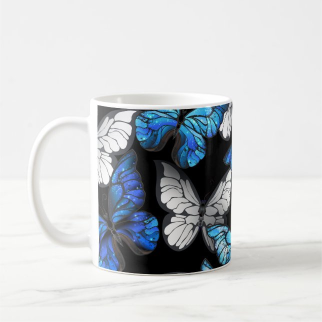 Dark Seamless Pattern with Blue Butterflies Morpho Coffee Mug (Left)