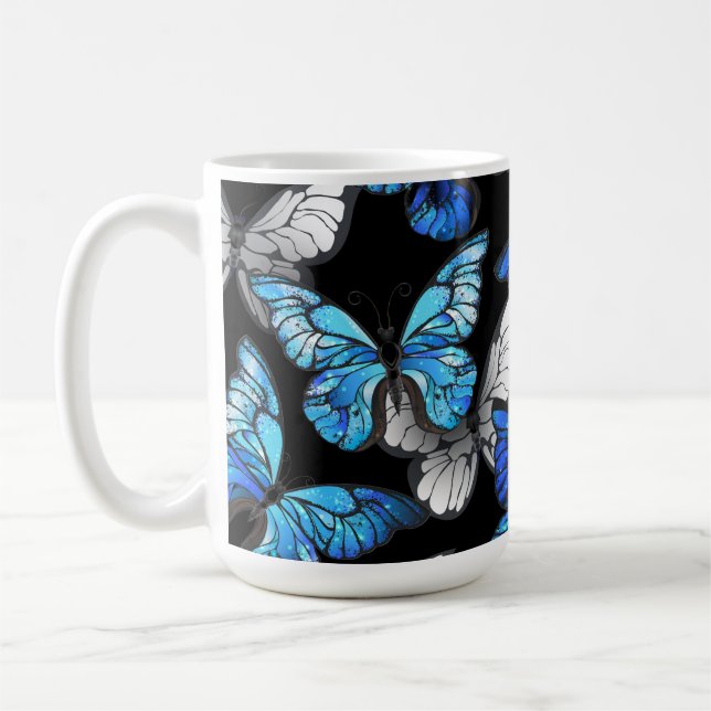 Dark Seamless Pattern with Blue Butterflies Morpho Coffee Mug (Left)