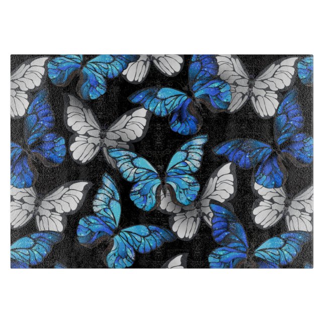 Dark Seamless Pattern with Blue Butterflies Morpho Cutting Board (Front)