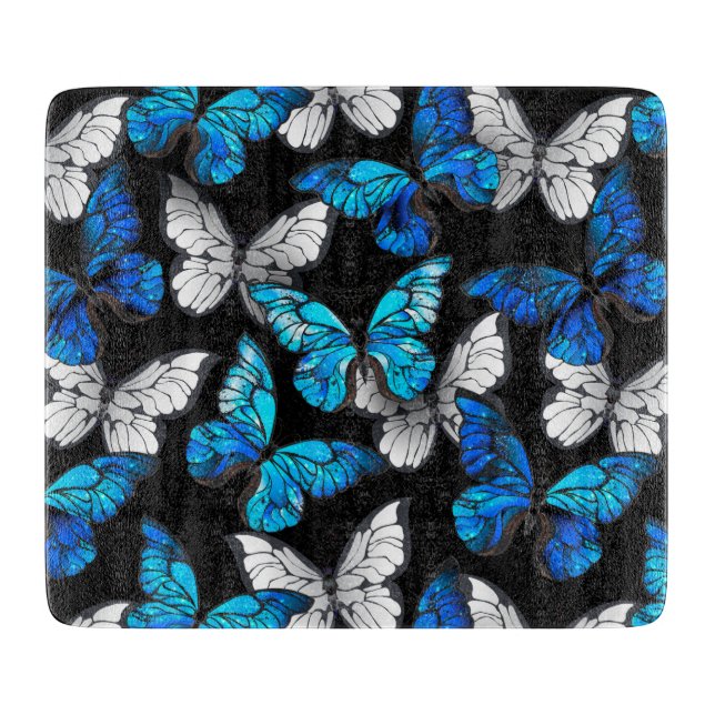 Dark Seamless Pattern with Blue Butterflies Morpho Cutting Board (Front)
