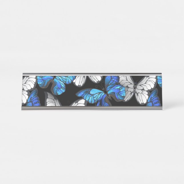 Dark Seamless Pattern with Blue Butterflies Morpho Desk Name Plate (Front)