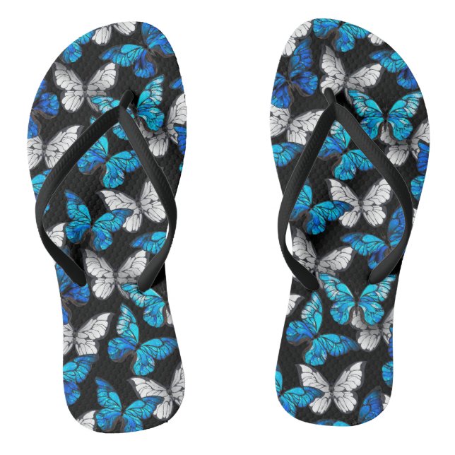 Dark Seamless Pattern with Blue Butterflies Morpho Flip Flops (Footbed)
