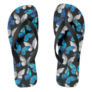 Dark Seamless Pattern with Blue Butterflies Morpho Flip Flops