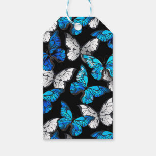 Dark Seamless Pattern with Blue Butterflies Morpho Gift Tags
