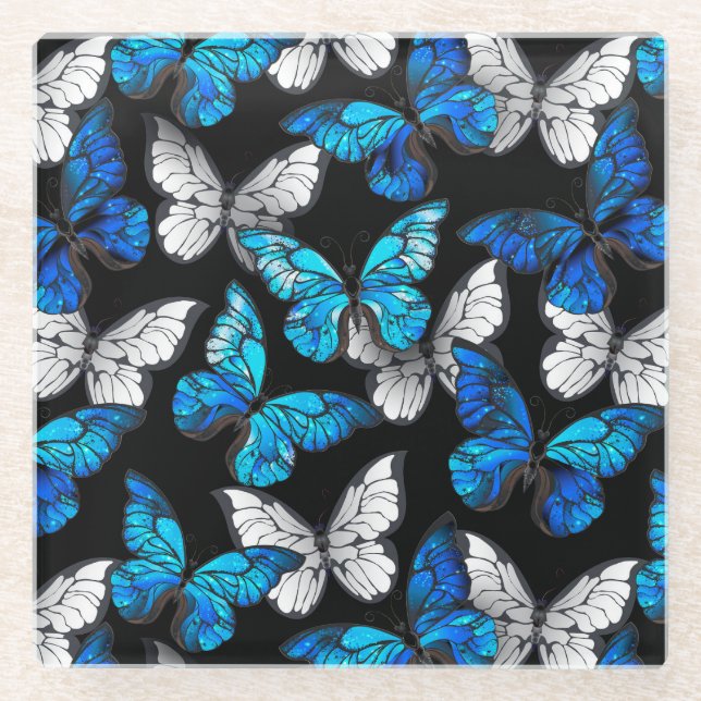 Dark Seamless Pattern with Blue Butterflies Morpho Glass Coaster (Front)
