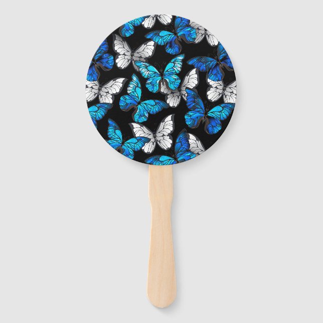 Dark Seamless Pattern with Blue Butterflies Morpho Hand Fan (Front)