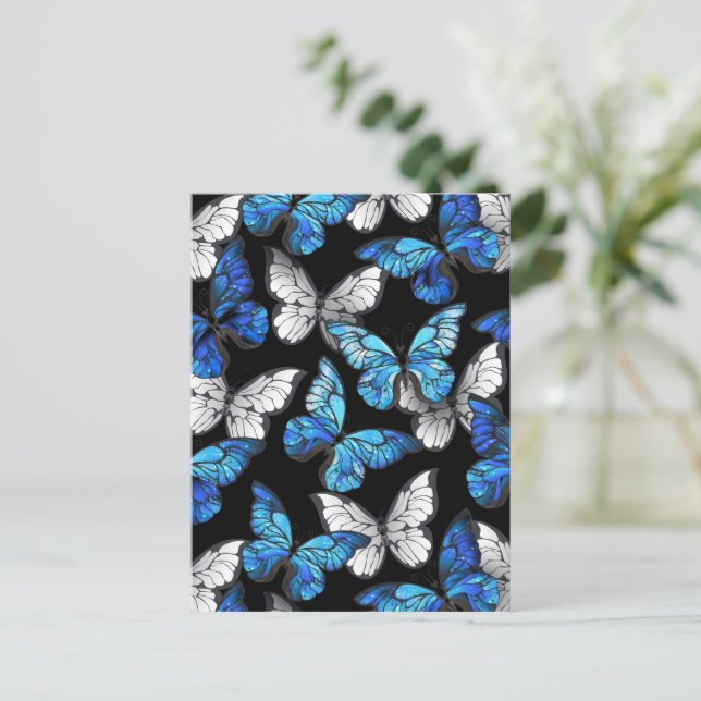 Dark Seamless Pattern with Blue Butterflies Morpho Holiday Postcard (Standing Front)