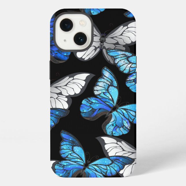 Dark Seamless Pattern with Blue Butterflies Morpho iPhone Case (Back)