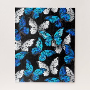 Dark Seamless Pattern with Blue Butterflies Morpho Jigsaw Puzzle