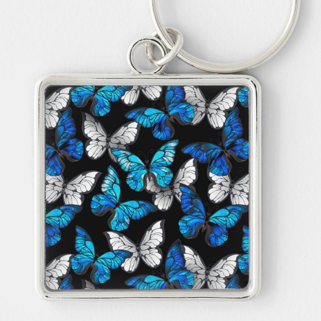 Dark Seamless Pattern with Blue Butterflies Morpho Keychain (Front)
