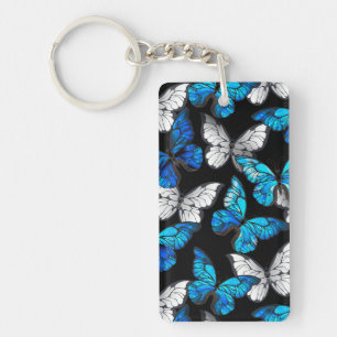 Dark Seamless Pattern with Blue Butterflies Morpho Keychain