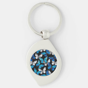 Dark Seamless Pattern with Blue Butterflies Morpho Keychain