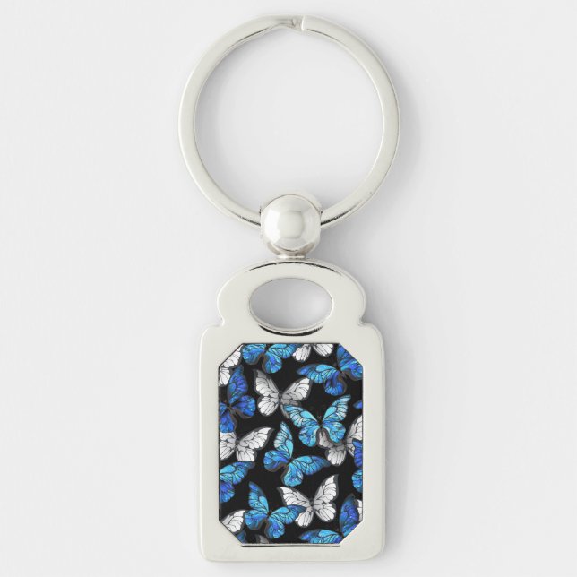 Dark Seamless Pattern with Blue Butterflies Morpho Keychain (Front)