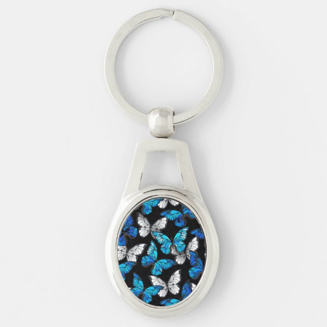 Dark Seamless Pattern with Blue Butterflies Morpho Keychain (Front)