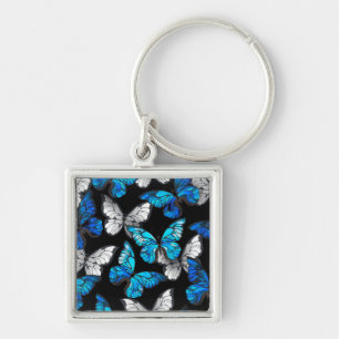 Dark Seamless Pattern with Blue Butterflies Morpho Keychain