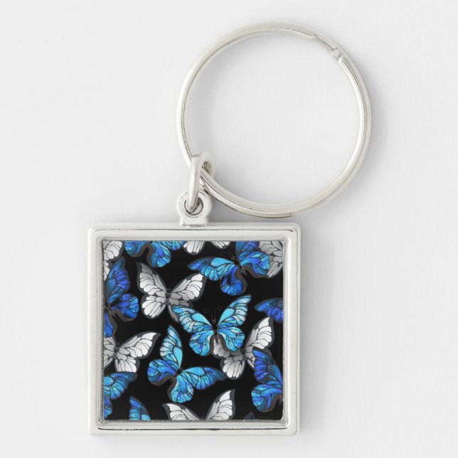 Dark Seamless Pattern with Blue Butterflies Morpho Keychain (Front)