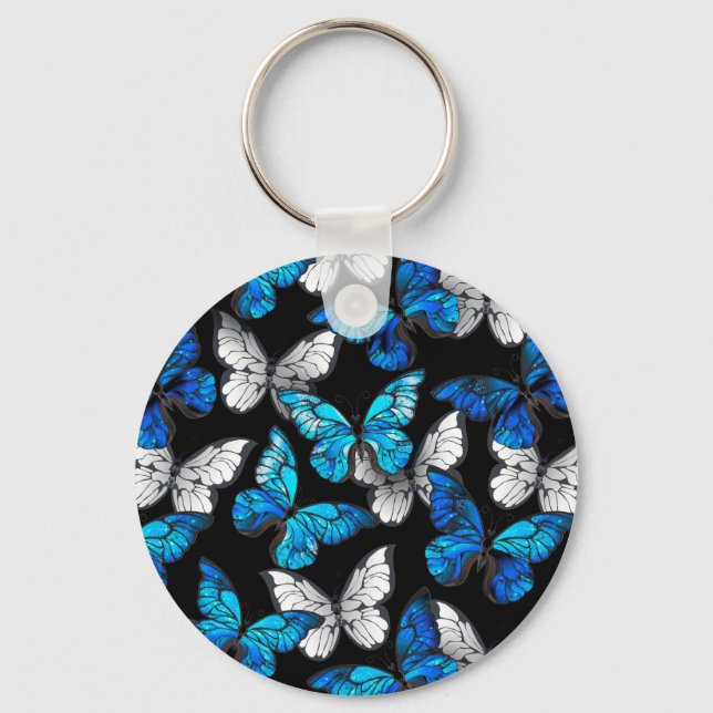 Dark Seamless Pattern with Blue Butterflies Morpho Keychain (Front)