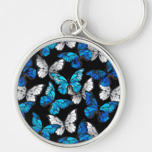 Dark Seamless Pattern with Blue Butterflies Morpho Keychain