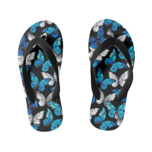 Dark Seamless Pattern with Blue Butterflies Morpho Kid's Flip Flops