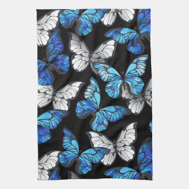 Dark Seamless Pattern with Blue Butterflies Morpho Kitchen Towel (Vertical)