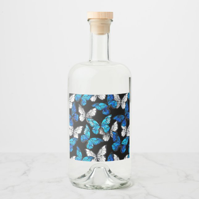 Dark Seamless Pattern with Blue Butterflies Morpho Liquor Bottle Label (Front)