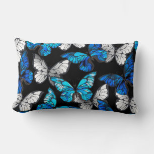 Dark Seamless Pattern with Blue Butterflies Morpho Lumbar Pillow