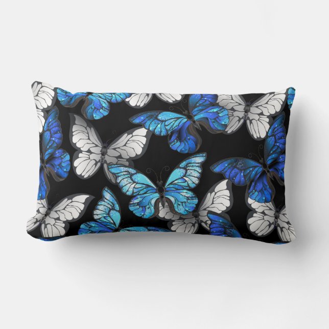 Dark Seamless Pattern with Blue Butterflies Morpho Lumbar Pillow (Front)