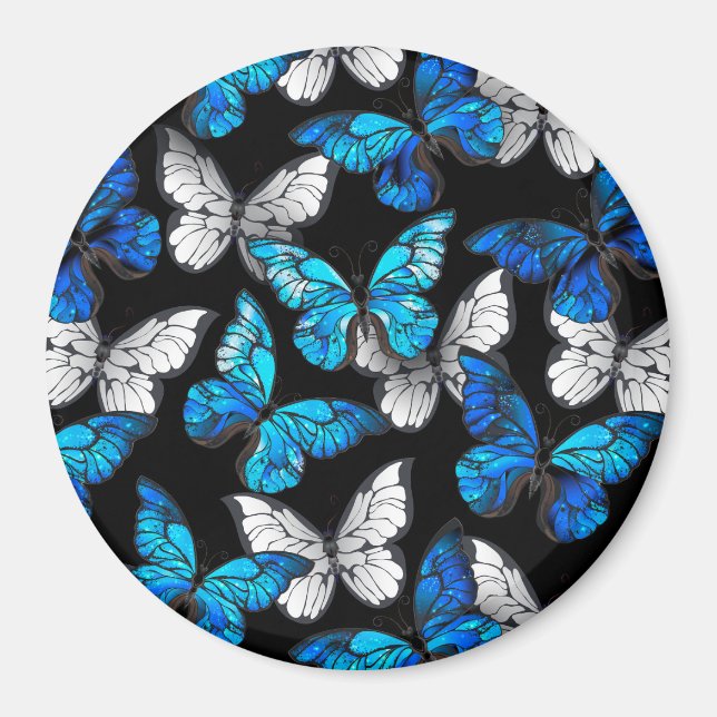 Dark Seamless Pattern with Blue Butterflies Morpho Magnet (Front)