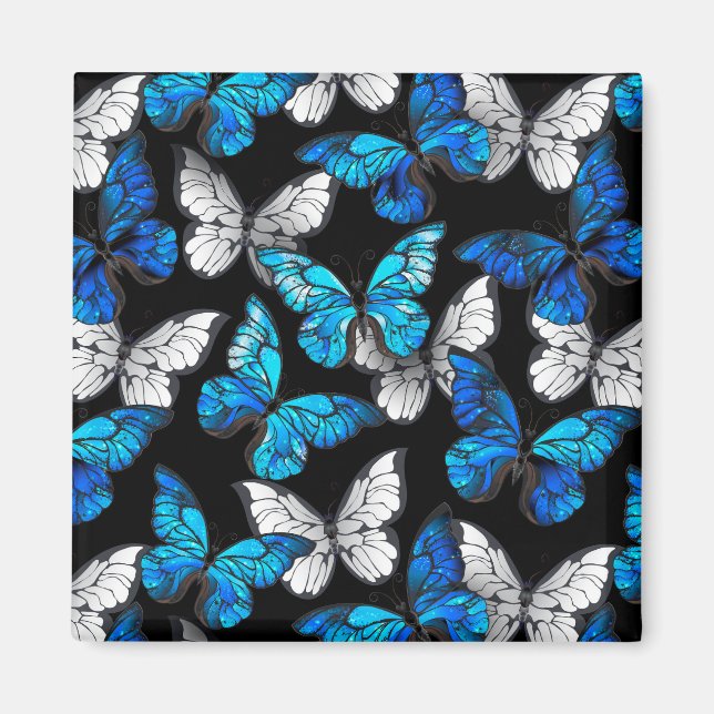 Dark Seamless Pattern with Blue Butterflies Morpho Magnet (Front)