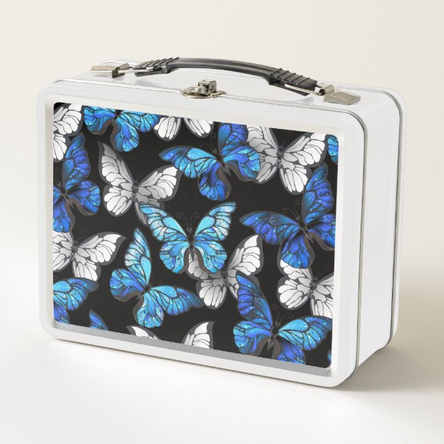 Dark Seamless Pattern with Blue Butterflies Morpho Metal Lunch Box (Front)