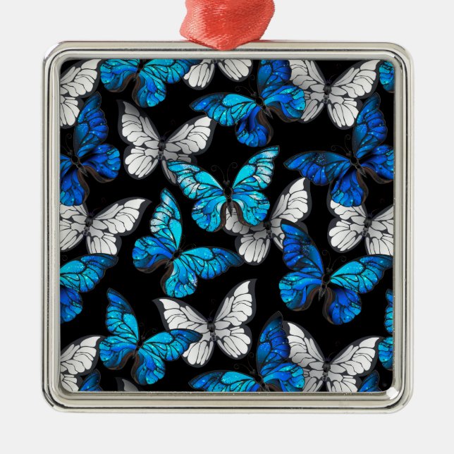 Dark Seamless Pattern with Blue Butterflies Morpho Metal Ornament (Front)