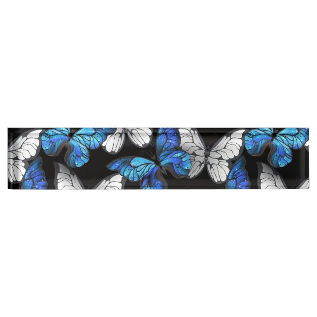 Dark Seamless Pattern with Blue Butterflies Morpho Nameplate (Front)