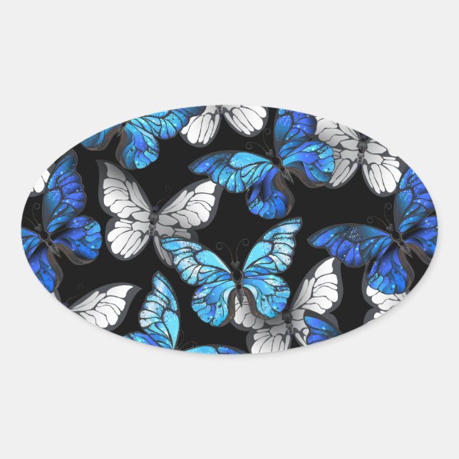 Dark Seamless Pattern with Blue Butterflies Morpho Oval Sticker (Front)