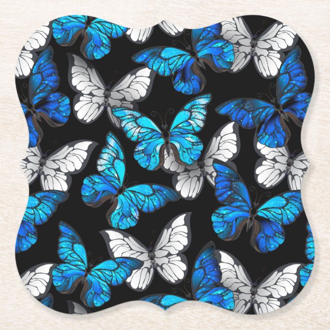 Dark Seamless Pattern with Blue Butterflies Morpho Paper Coaster (Front)