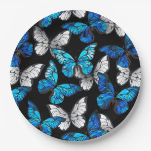 Dark Seamless Pattern with Blue Butterflies Morpho Paper Plate