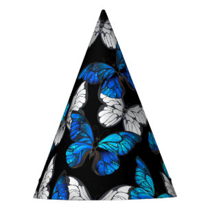 Dark Seamless Pattern with Blue Butterflies Morpho Party Hat