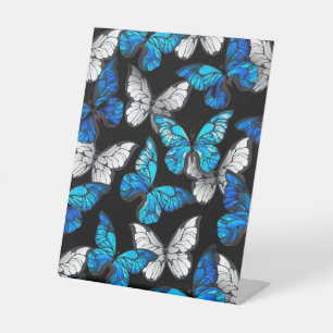 Dark Seamless Pattern with Blue Butterflies Morpho Pedestal Sign