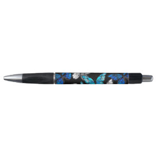 Dark Seamless Pattern with Blue Butterflies Morpho Pen