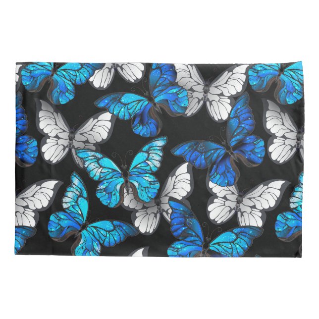 Dark Seamless Pattern with Blue Butterflies Morpho Pillowcase (Back)