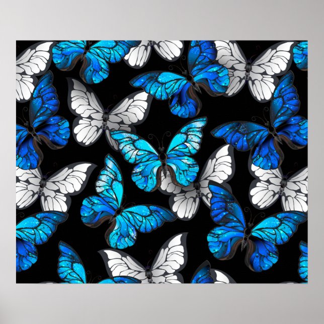 Dark Seamless Pattern with Blue Butterflies Morpho Poster (Front)
