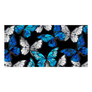 Dark Seamless Pattern with Blue Butterflies Morpho Poster