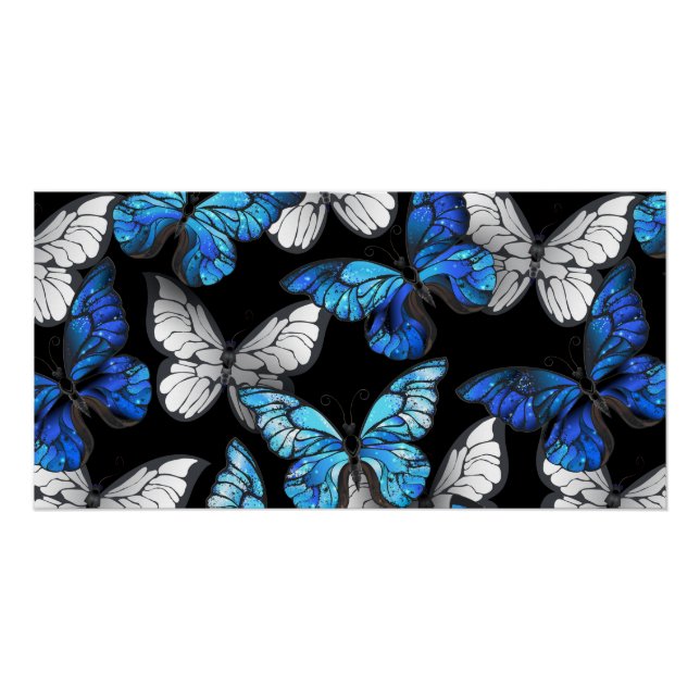 Dark Seamless Pattern with Blue Butterflies Morpho Poster (Front)