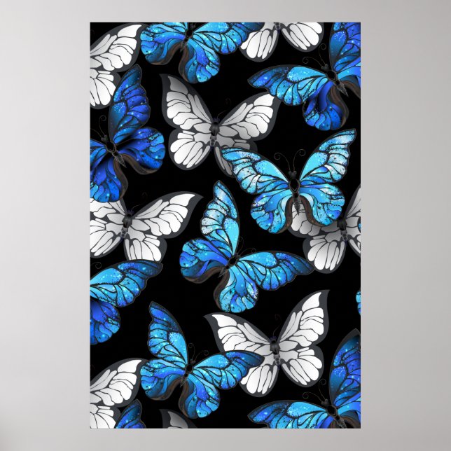 Dark Seamless Pattern with Blue Butterflies Morpho Poster (Front)