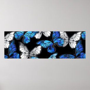Dark Seamless Pattern with Blue Butterflies Morpho Poster