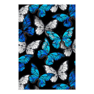Dark Seamless Pattern with Blue Butterflies Morpho Poster