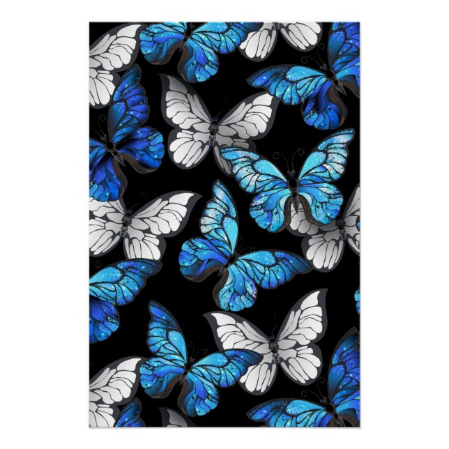 Dark Seamless Pattern with Blue Butterflies Morpho Poster (Front)