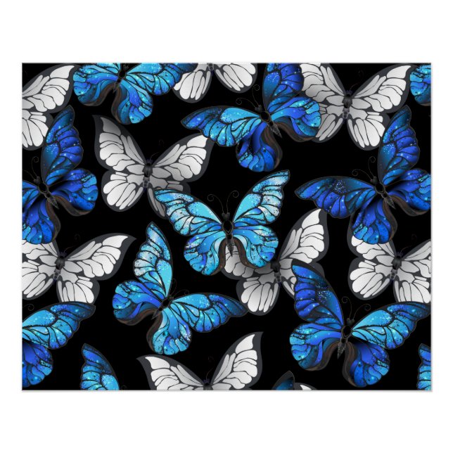 Dark Seamless Pattern with Blue Butterflies Morpho Poster (Front)