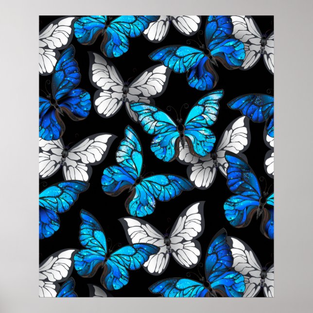 Dark Seamless Pattern with Blue Butterflies Morpho Poster (Front)