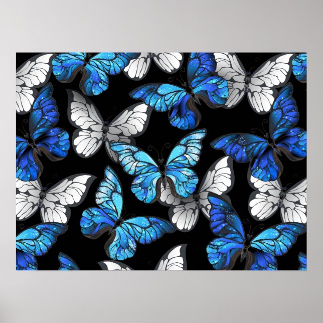 Dark Seamless Pattern with Blue Butterflies Morpho Poster (Front)
