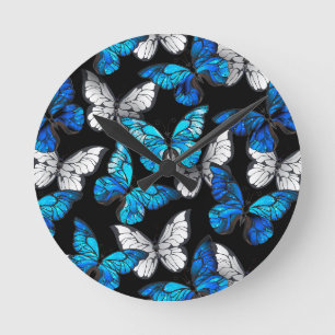 Dark Seamless Pattern with Blue Butterflies Morpho Round Clock